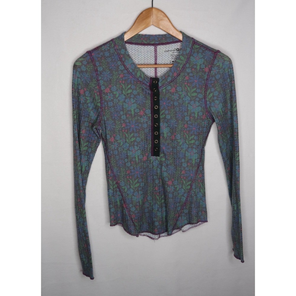 Natural Life Reagan Floral Waffle Knit Snap Henley Thermal Top Women's Small EUC - Picture 2 of 7